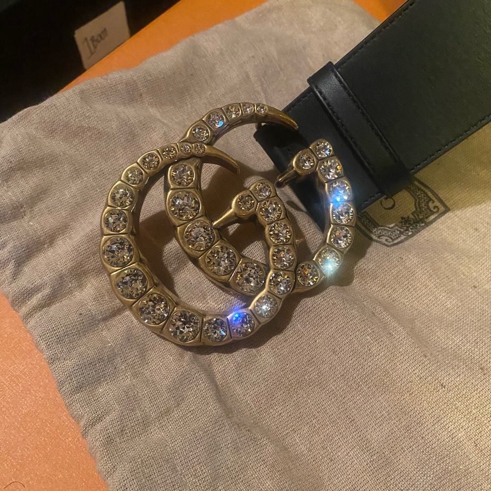 Gucci Black Leather Belt with Gold Crystal Double G Buckle